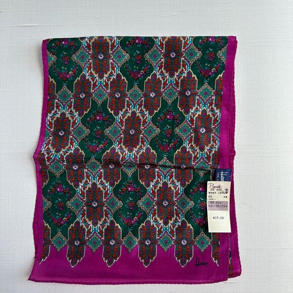 Vintage Silk Scarf Honey NWT 10x50, Geometric Floral Print, Fuchsia Green Red - Picture 5 of 10
